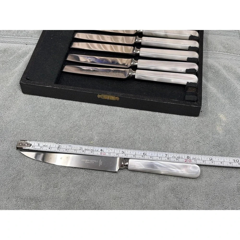 Vtg Eales of Sheffield 6 Piece Steak Knife Set Stainless Mother of Pearl Case